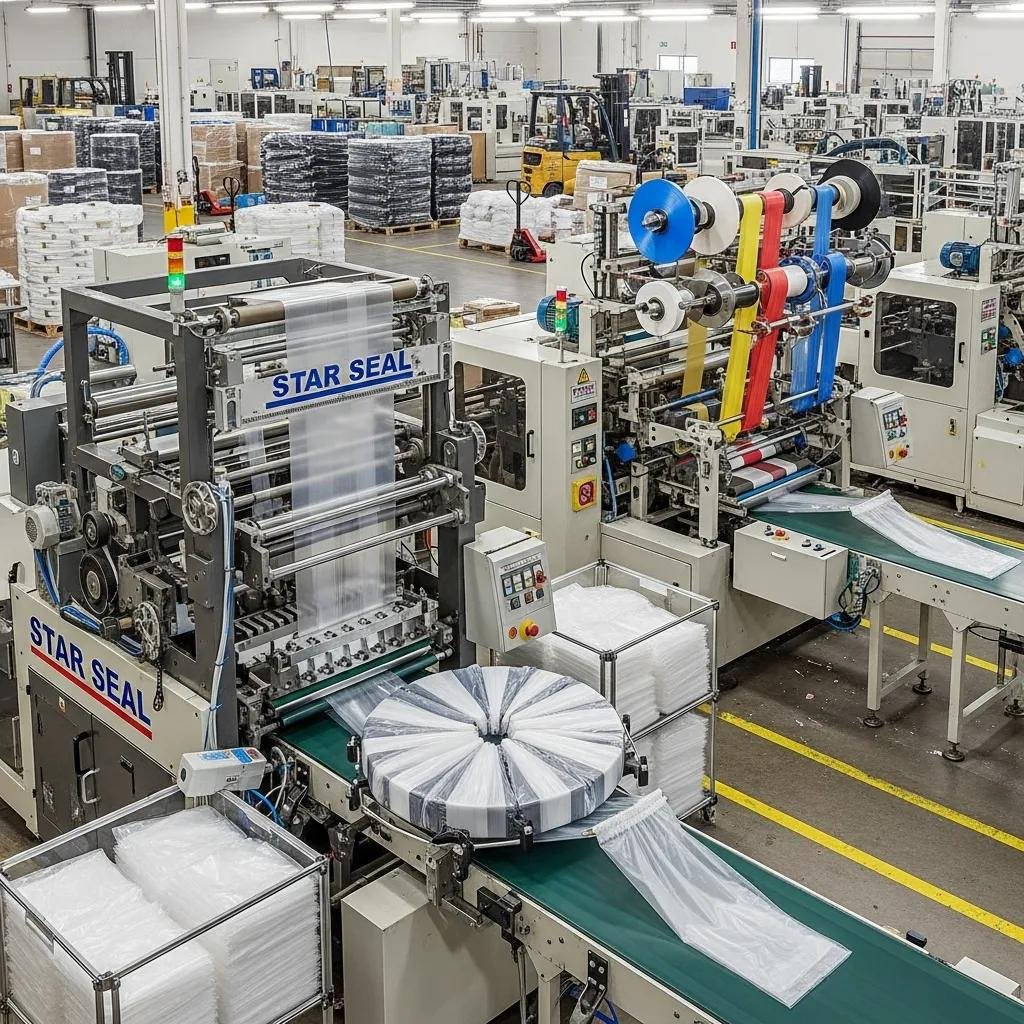 Different types of automated garbage bag machines in an industrial setting