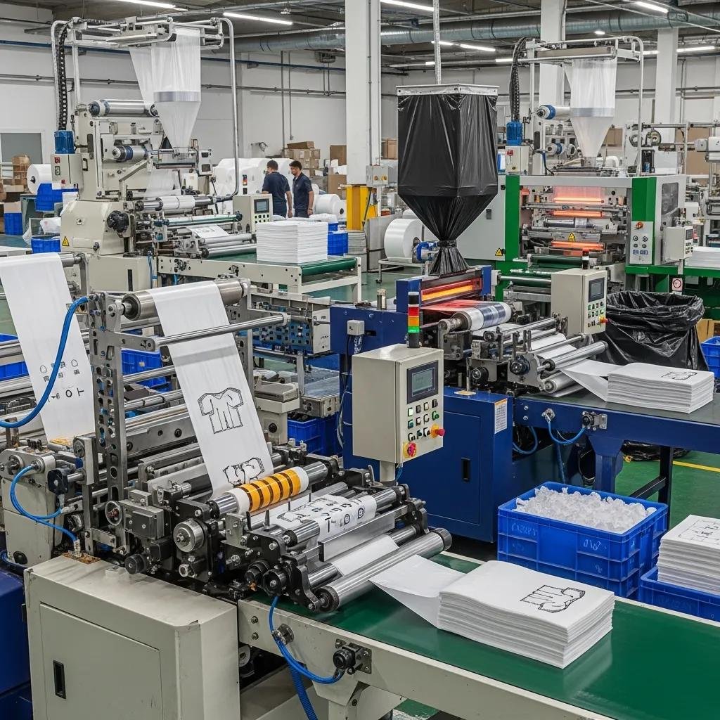 Different types of plastic bag making machines in operation