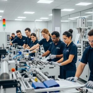 Diverse machine operators engaged in training for plastic film production