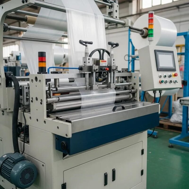 Durable bottom sealing bag machine in an industrial setting producing heavy-duty plastic bags