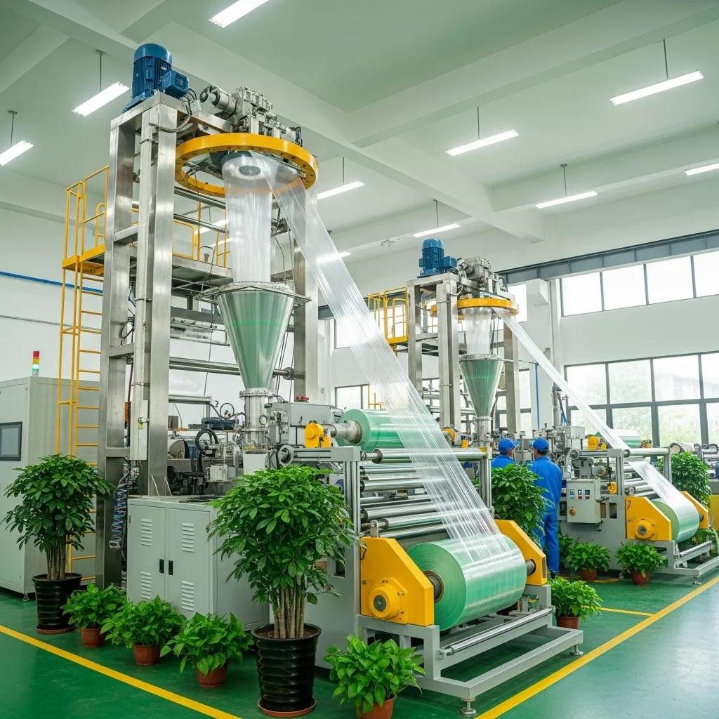 Eco-friendly biodegradable blown film extrusion machinery in a sustainable production environment, showcasing advanced technology and green practices.