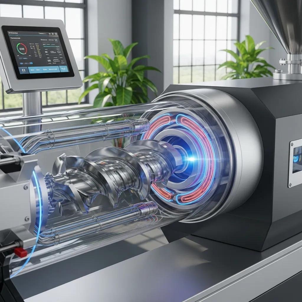 Energy-efficient screw design in a modern extrusion machine emphasizing sustainability and innovation