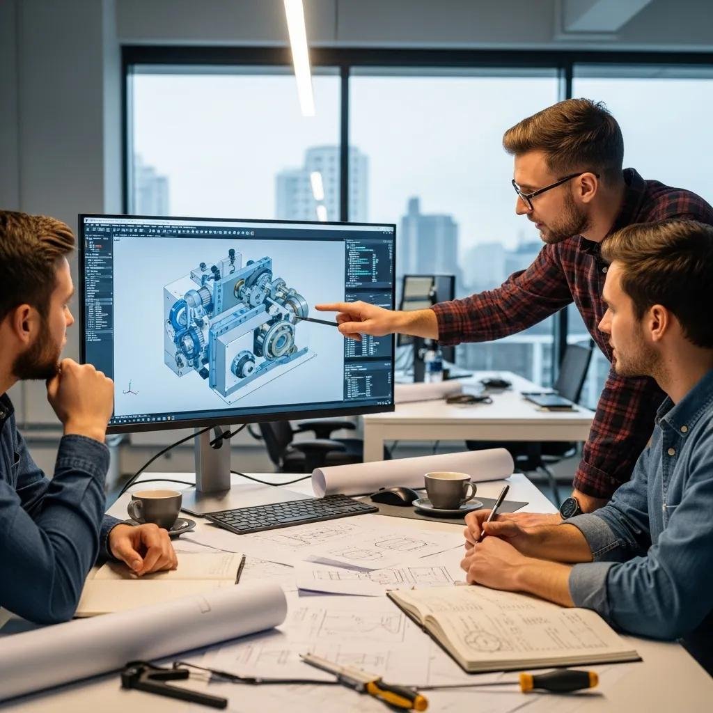 Engineers collaborating on CAD designs for custom plastic machinery in a modern office