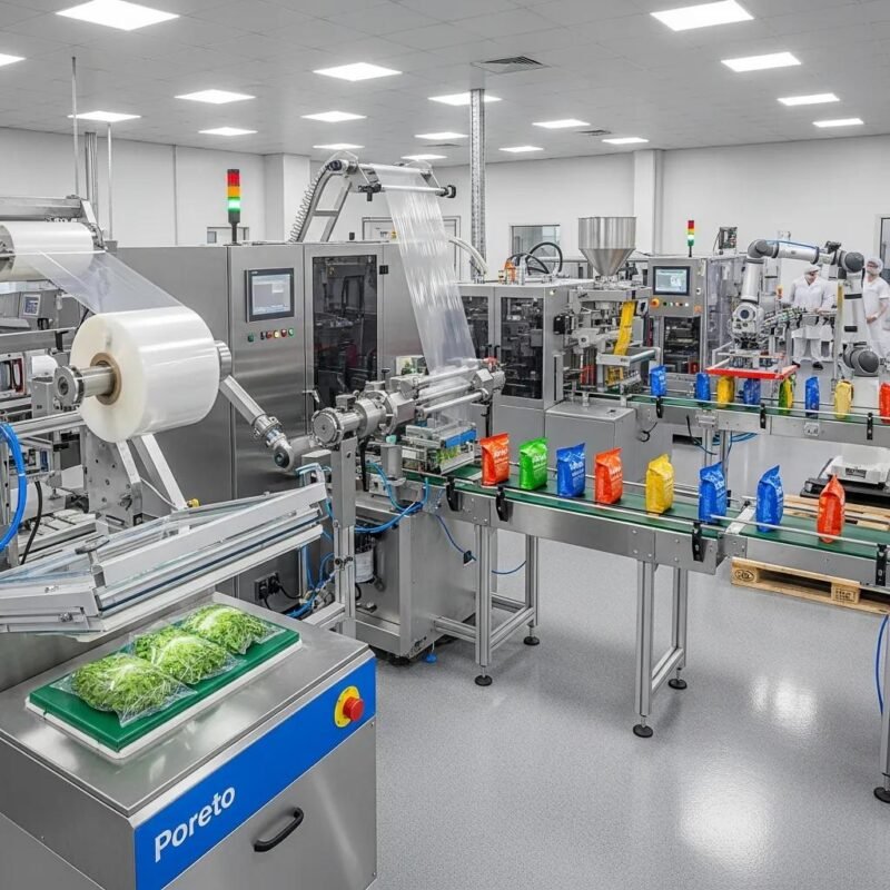Food packaging machinery ensuring freshness and safety in a modern factory setting