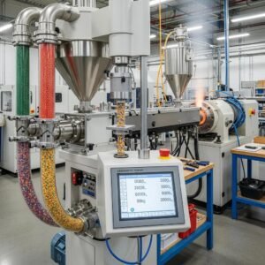 Gravimetric dosing unit measuring plastic materials in an extrusion facility