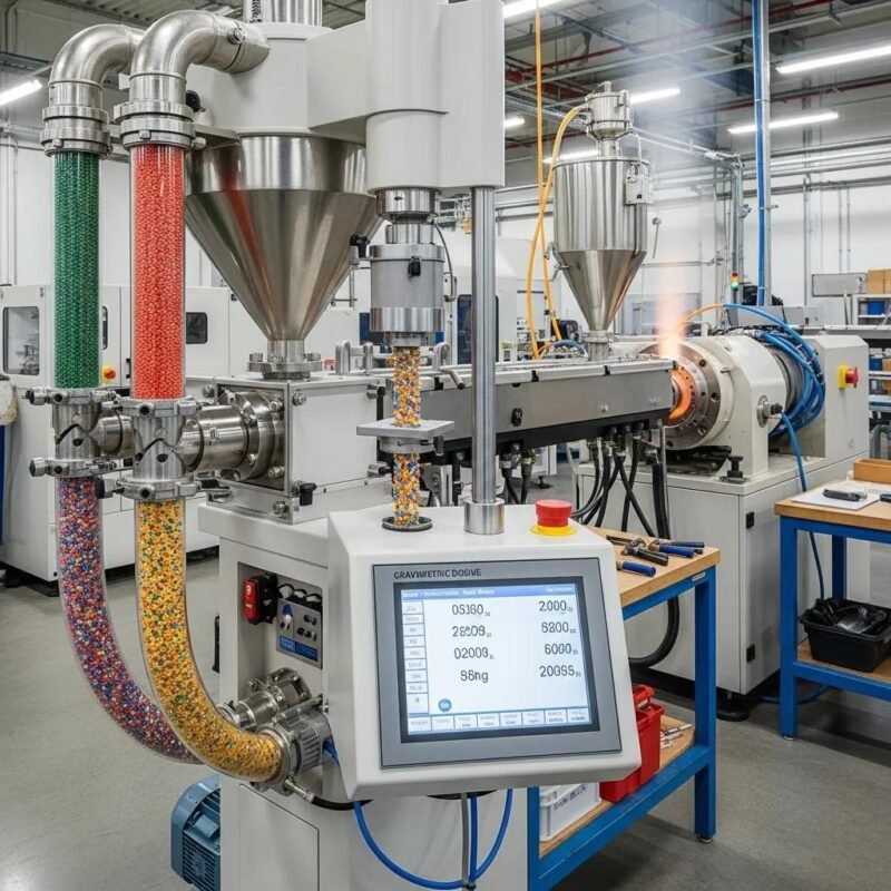 Gravimetric dosing unit measuring plastic materials in an extrusion facility