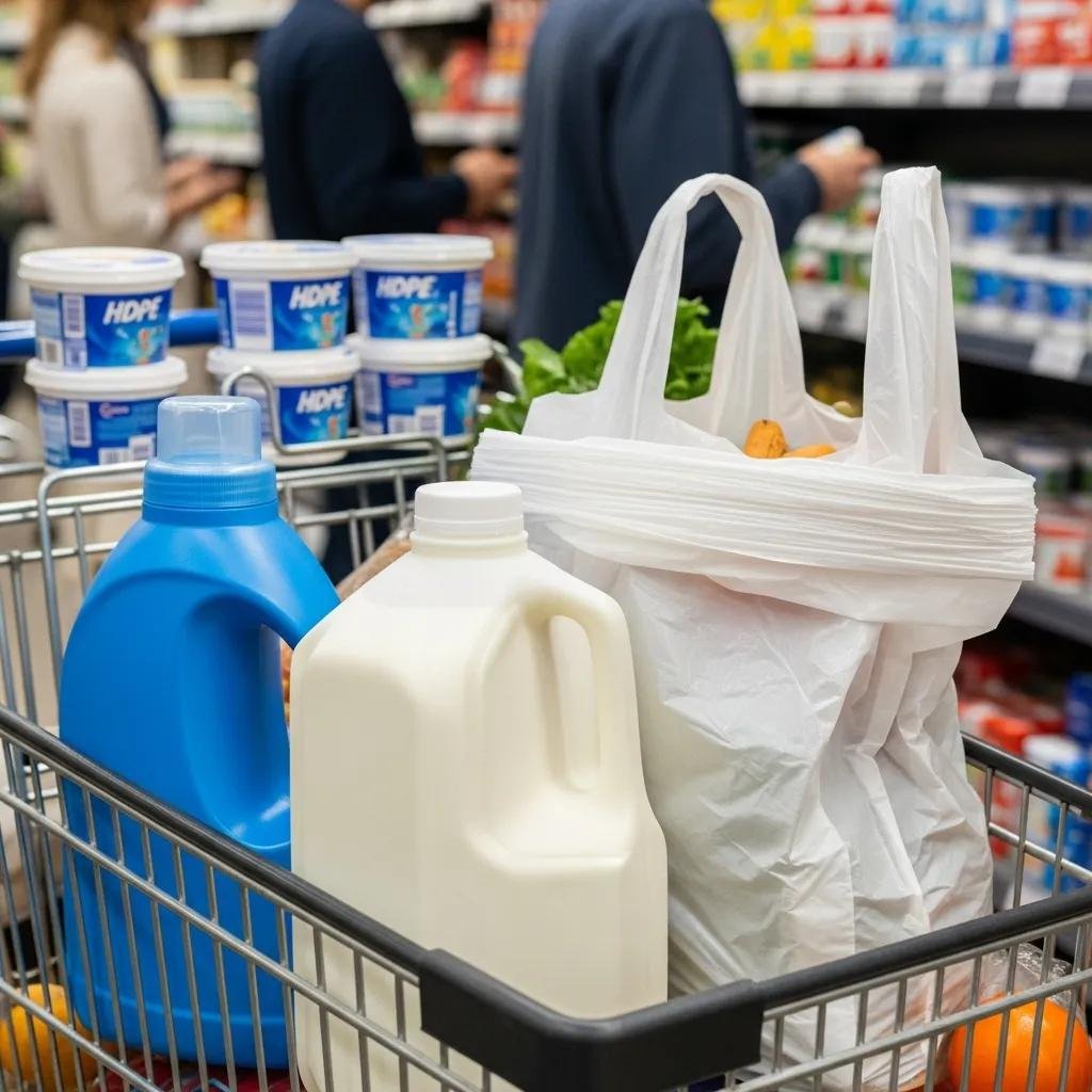 HDPE consumer packaging examples including grocery bags and milk jugs in a kitchen setting