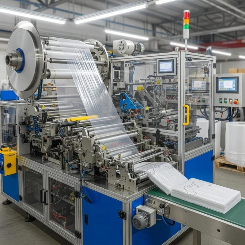 High-speed T-shirt bag making machine in a factory setting, showcasing advanced technology and production efficiency