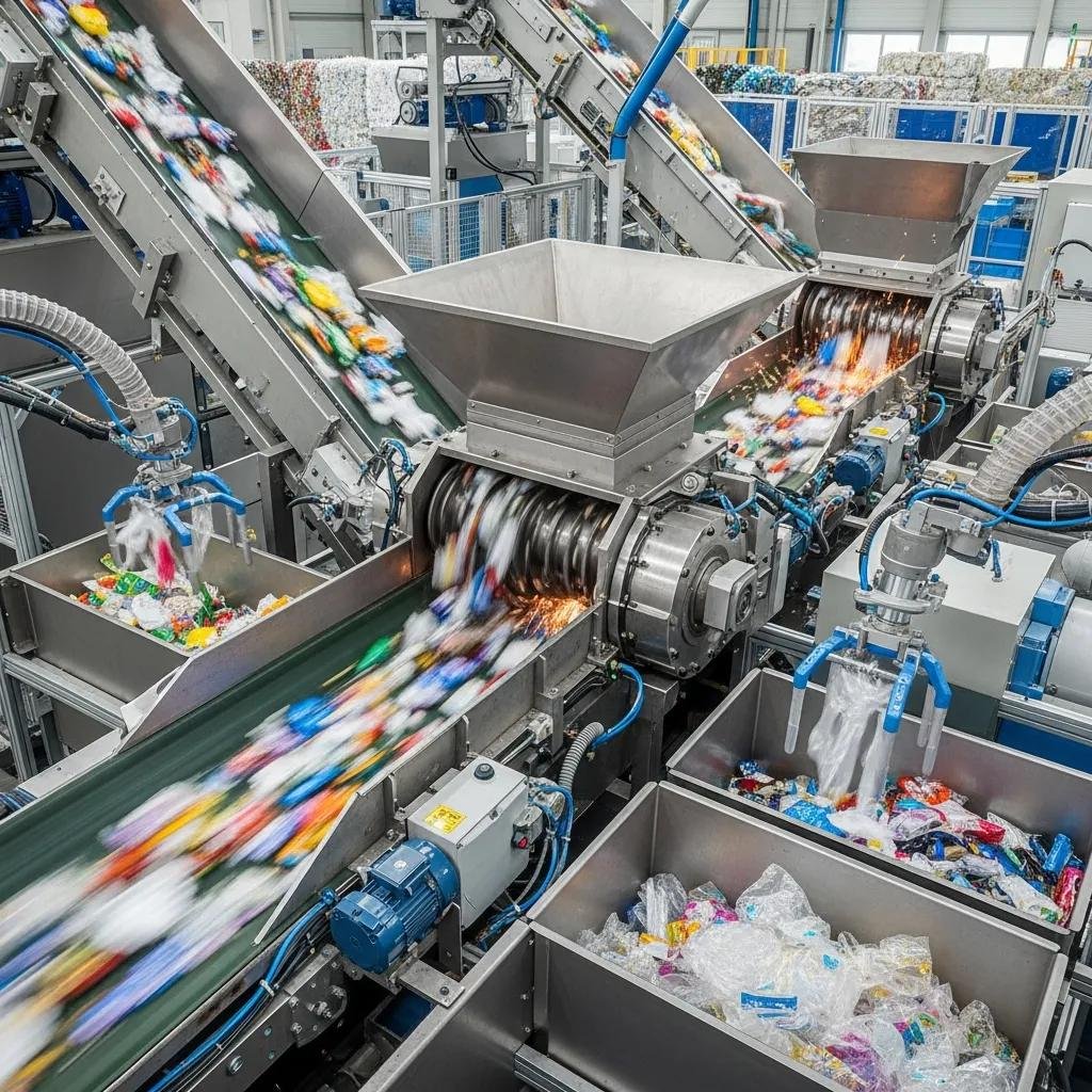 High-tech mechanical recycling machine sorting and shredding plastic films, showcasing innovation in recycling technology