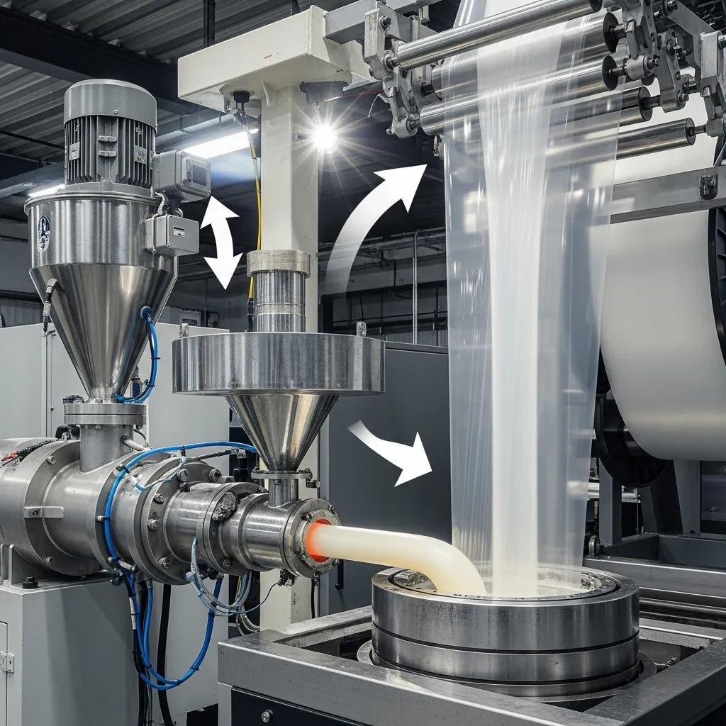 Polypropylene blown film extrusion machinery showcasing the melting and shaping process, with resin being fed into the extruder and forming a tubular film for packaging applications.