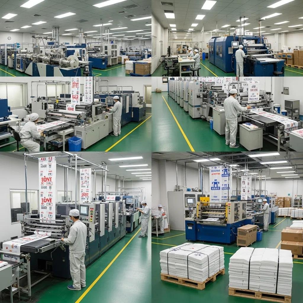In-house production facility for custom plastic bags, featuring advanced machinery and quality control processes
