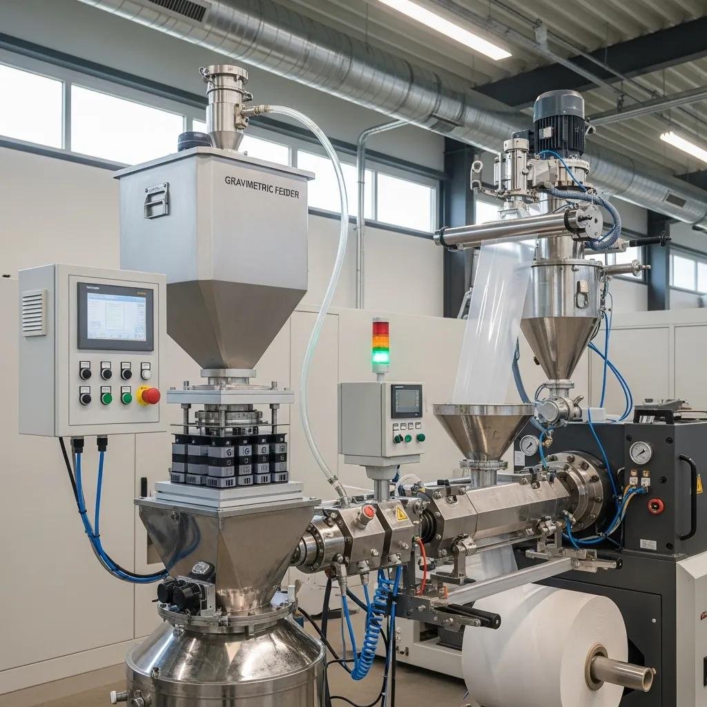 Integration of a gravimetric feeder with a blown film extrusion machine