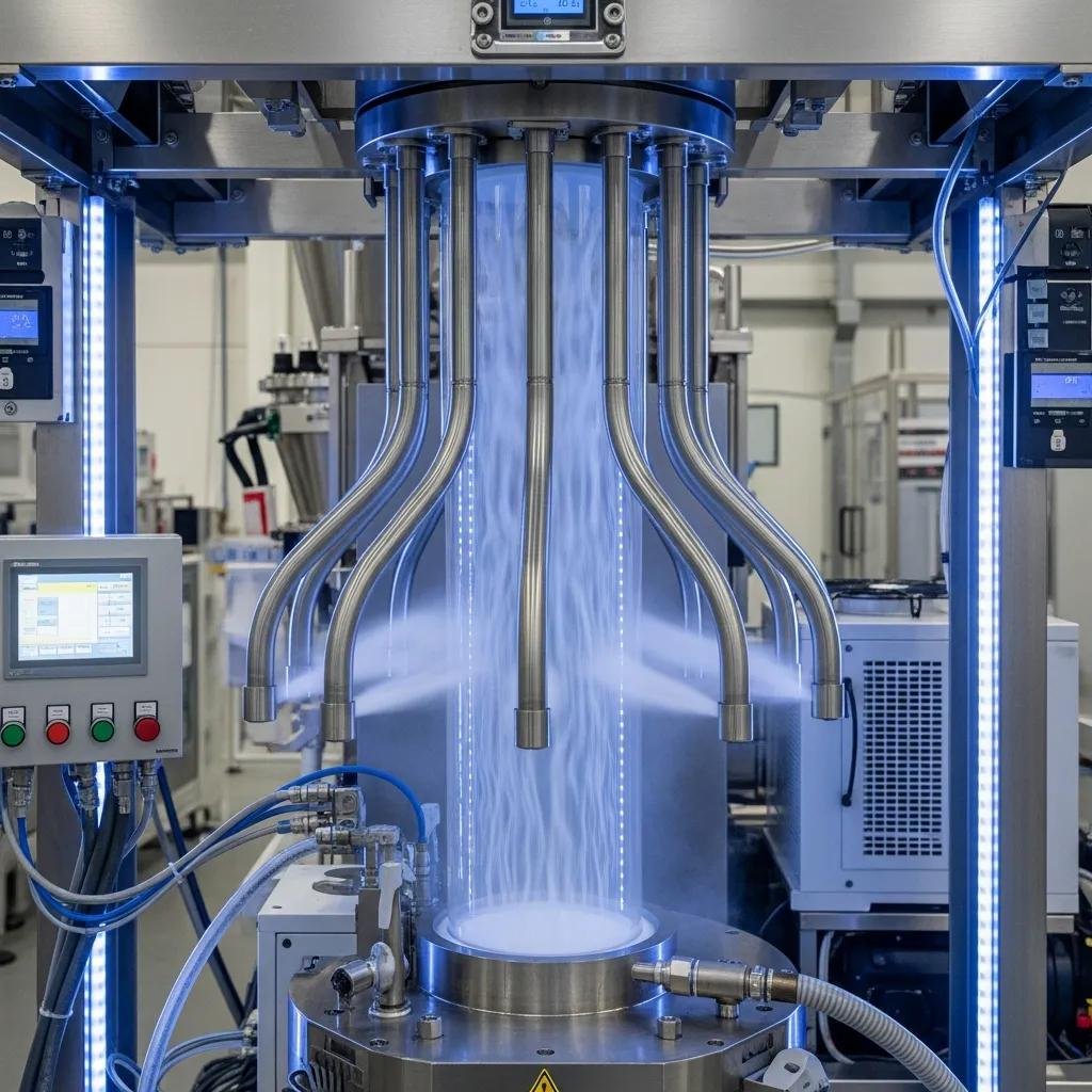 Internal bubble cooling system in operation within a blown film machine