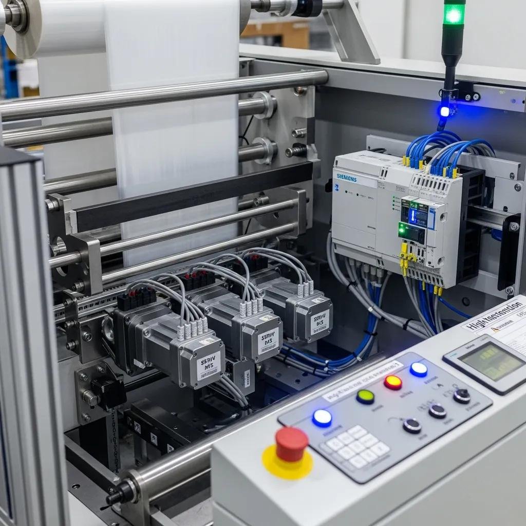 Internal view of a high-speed T-shirt bag making machine showcasing servo motors, PLC control systems, and control panel for optimized production efficiency.