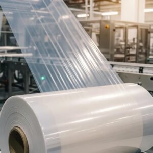 LLDPE film roll in a packaging facility, showcasing flexibility and clarity