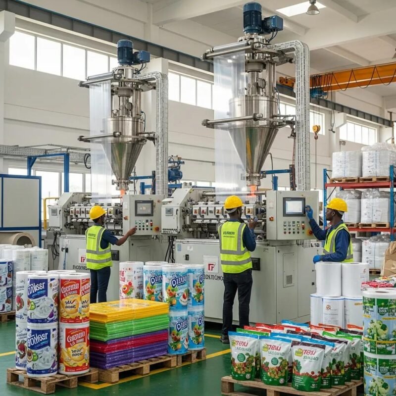 Modern film production facility in Africa with advanced blown film extrusion machinery and workers