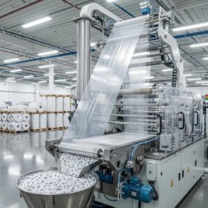 Modern LDPE blown film machine producing flexible plastic films in a factory setting