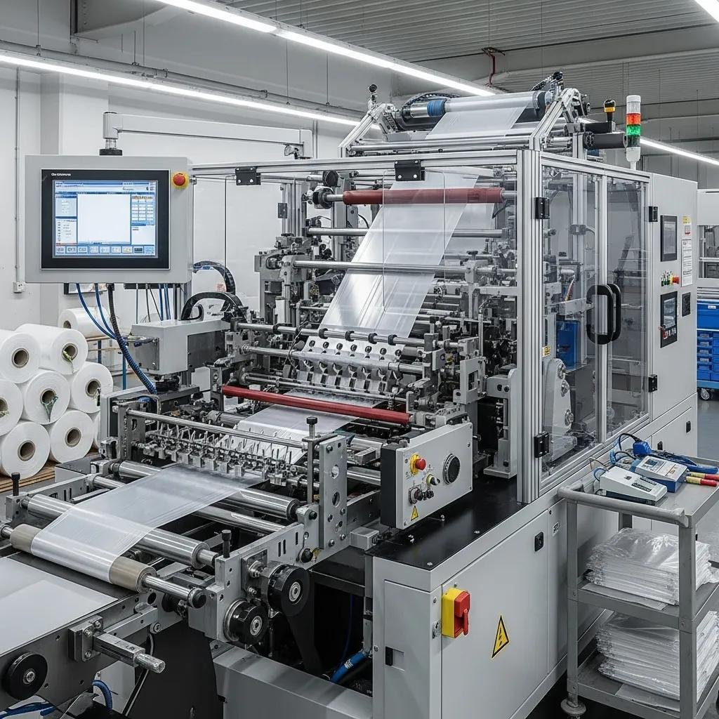 Modern plastic bag making machine in operation, showcasing advanced technology and production efficiency in a manufacturing setting.