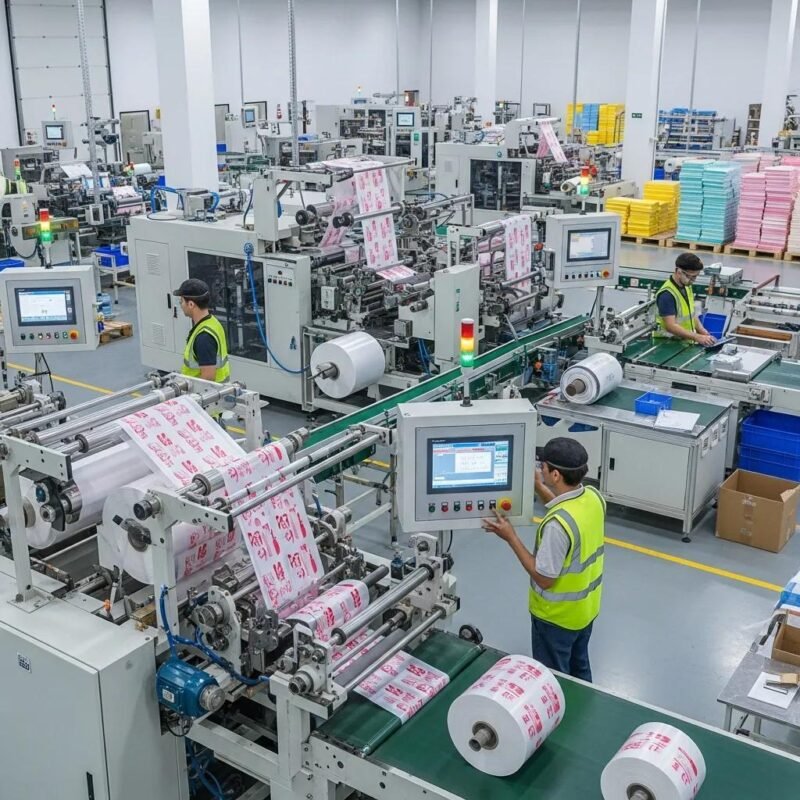 Modern plastic bag production facility with advanced machinery and workers in action