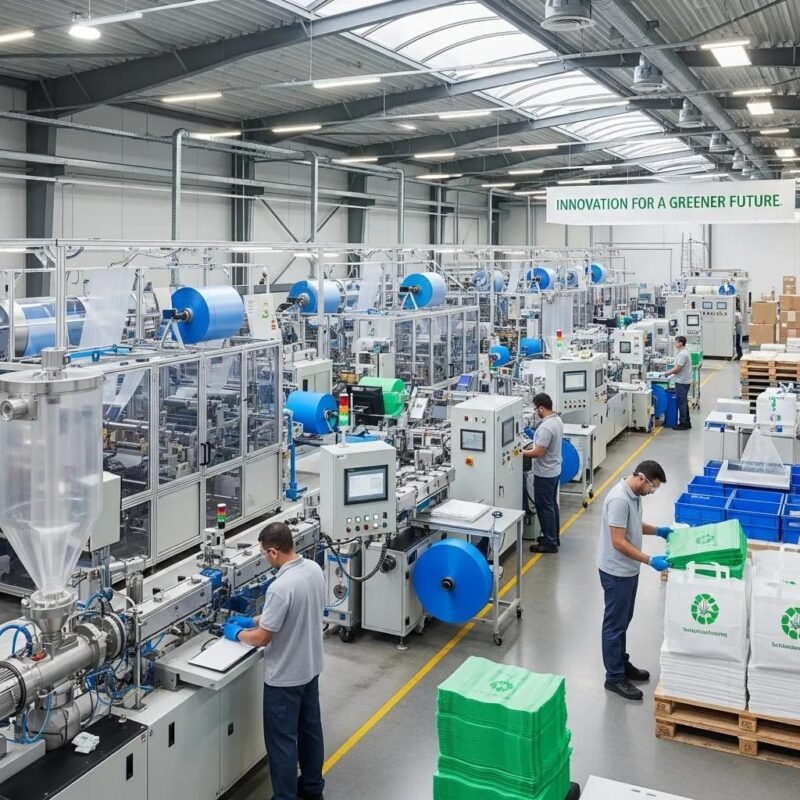 Modern plastic bag production plant with machinery and workers