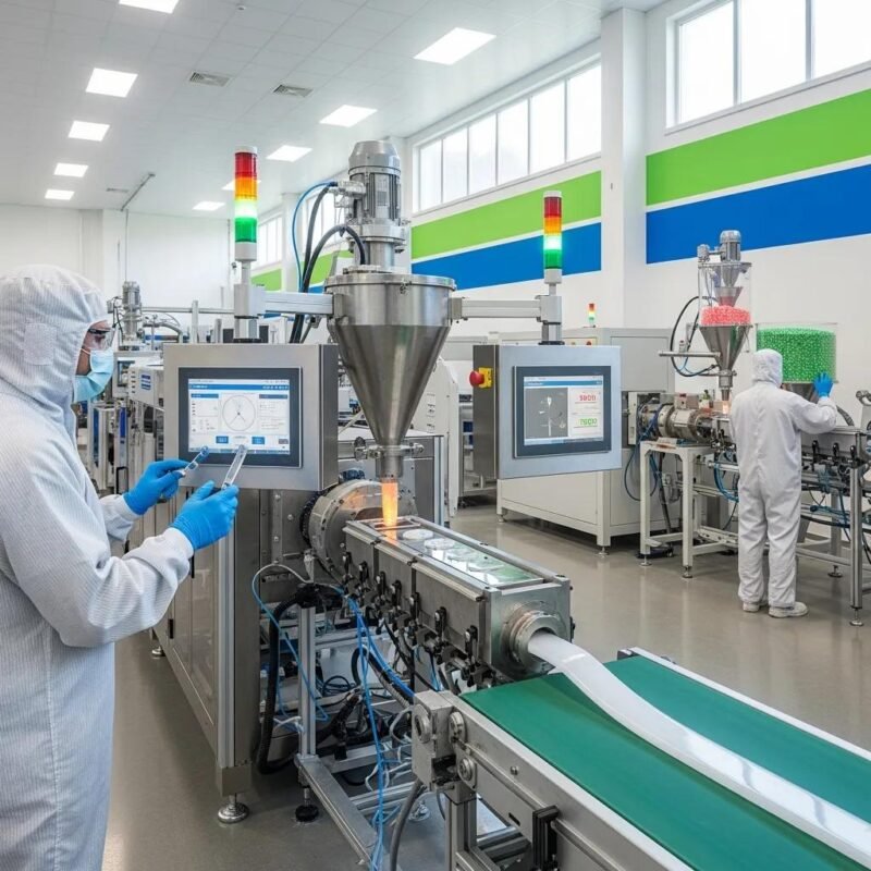 Modern plastic extrusion facility highlighting melt purity and advanced machinery