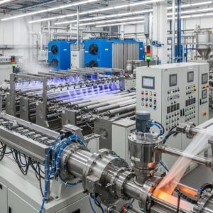 Modern plastic film production facility with advanced heat management machinery