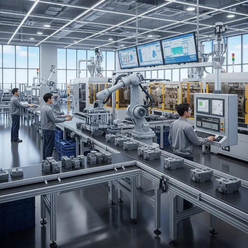 Modern plastic manufacturing facility with advanced machinery and engaged workers