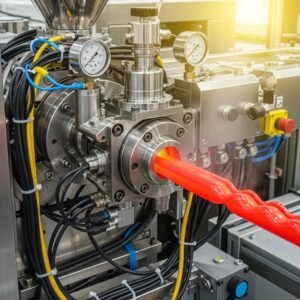 Modern polymer extrusion machine with molten plastic being extruded