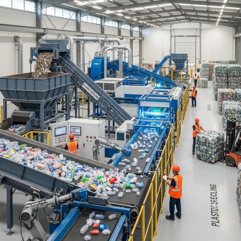 Modern recycling facility with advanced machinery processing plastic waste, highlighting sustainability efforts