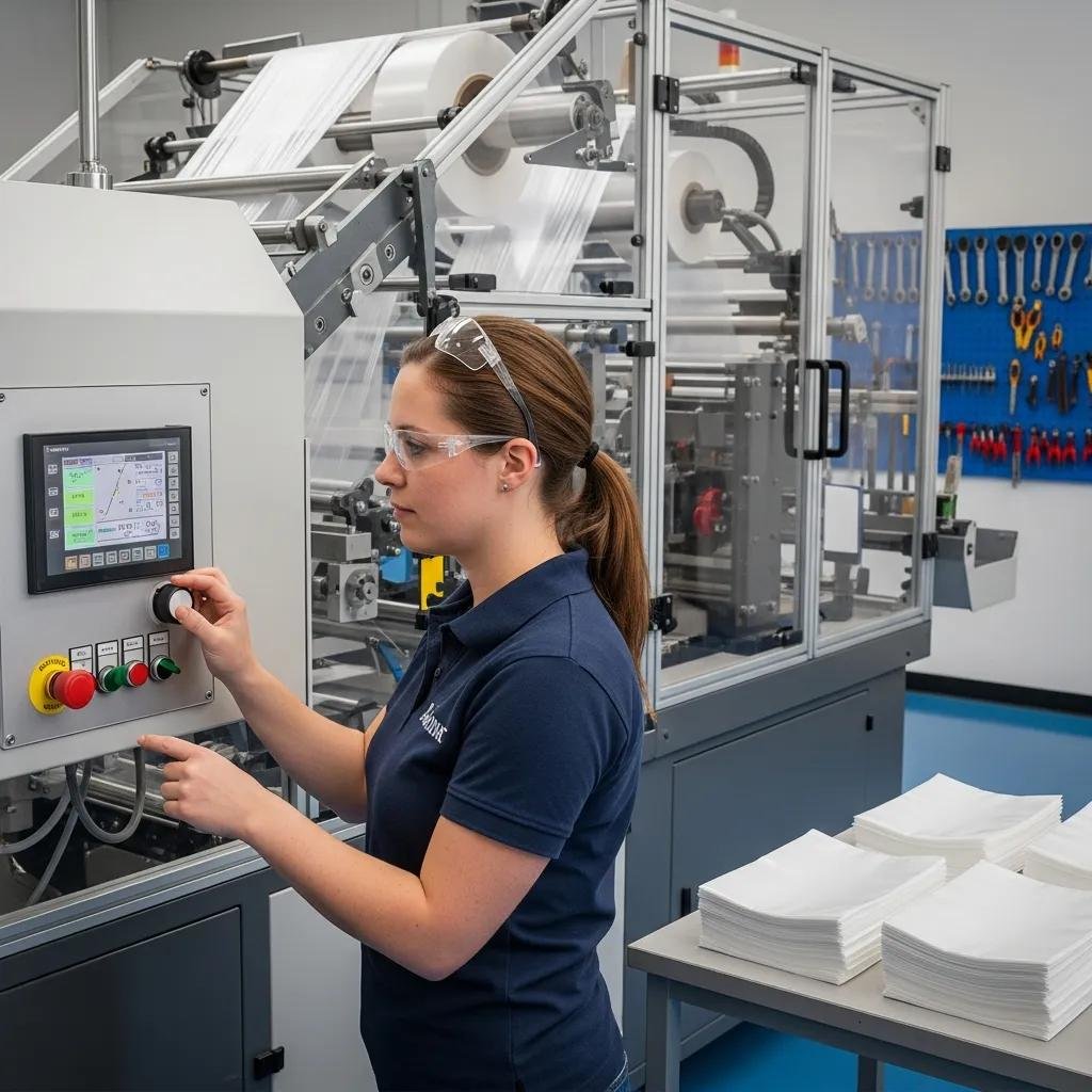 Operator calibrating a plastic bag making machine during training