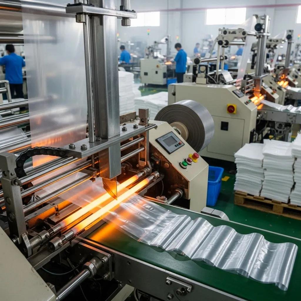 Plastic bag making machine showcasing sealing knives and heating elements in a production environment