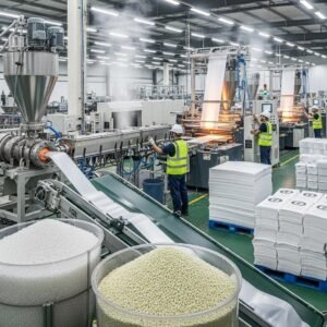 Plastic bag manufacturing process with raw materials and machinery