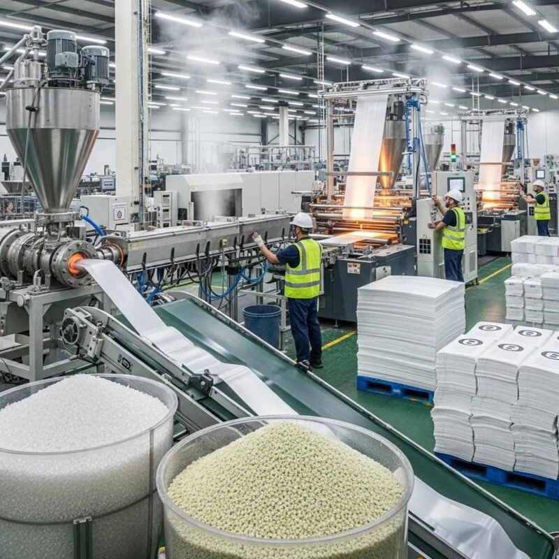 Plastic bag manufacturing process with raw materials and machinery