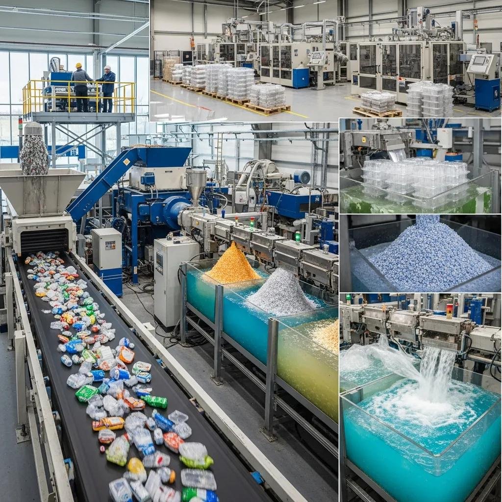 Plastic recycling machines converting used packaging into new materials for sustainable food packaging