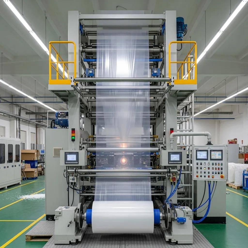 Polypropylene blown film extrusion machine in action, showcasing modern manufacturing technology for flexible film production.