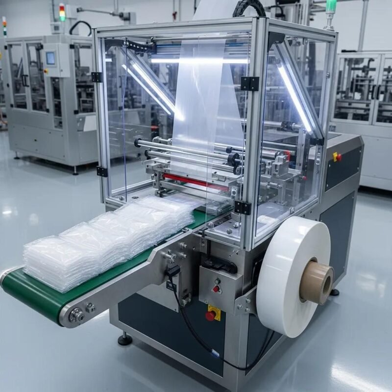 Precision side sealing bag machine in a packaging facility, highlighting advanced technology and efficiency