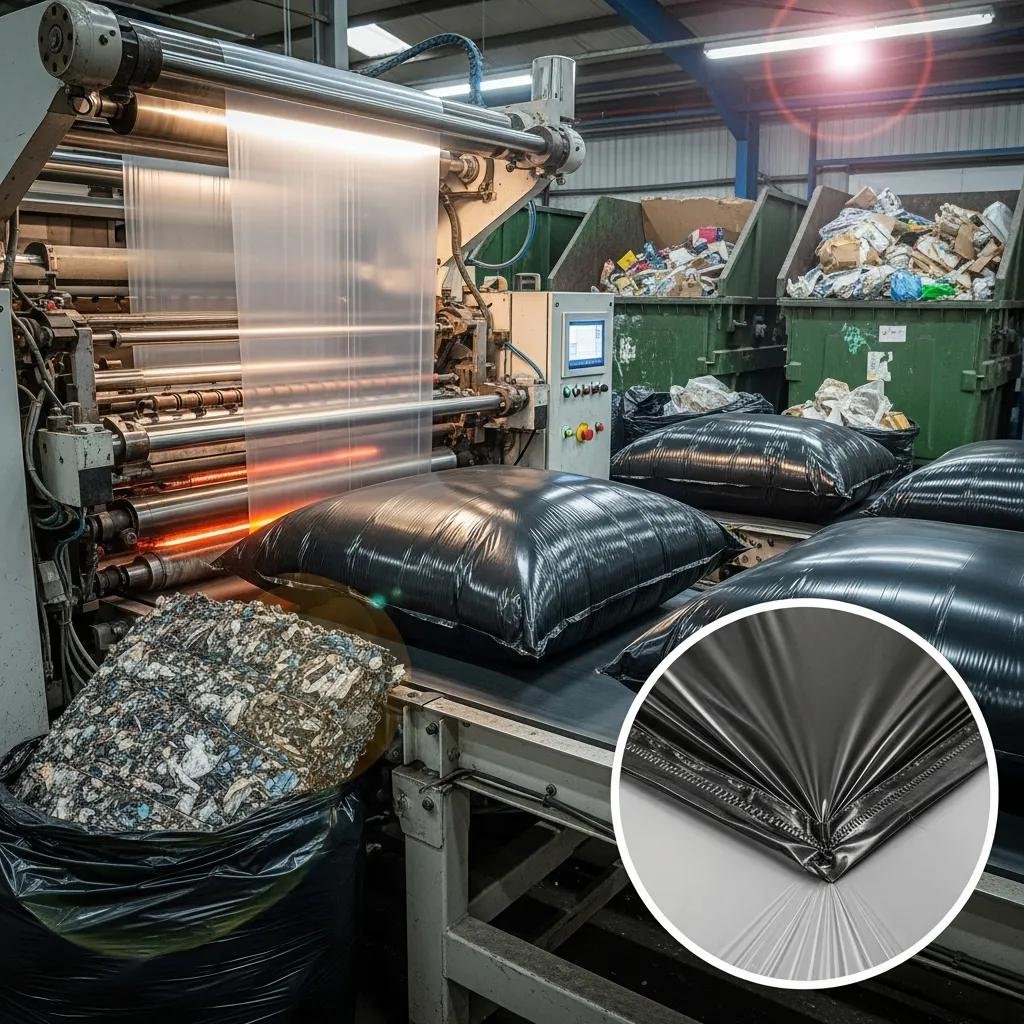 Production of industrial garbage bags using a bottom sealing bag machine in a waste management facility