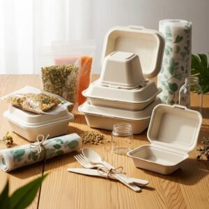 Sustainable packaging products made from bioplastics like PLA, PBAT, and PHA displayed on a wooden surface