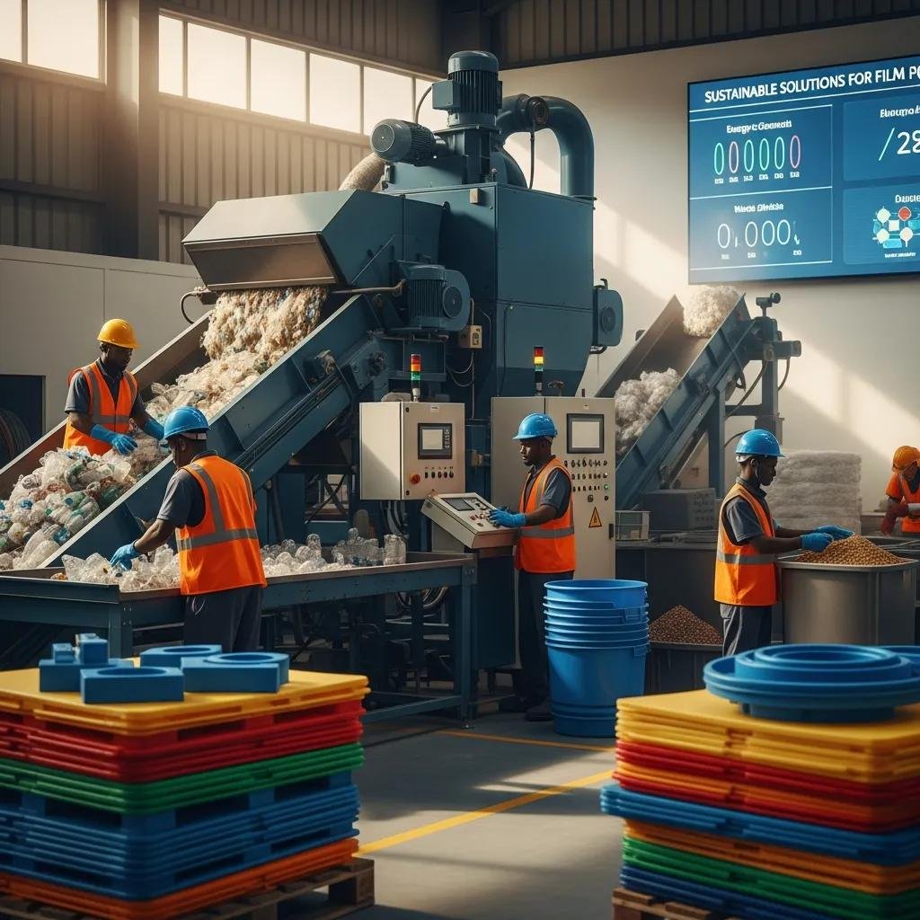 Sustainable plastic recycling solutions in African manufacturing with workers and recycling machine