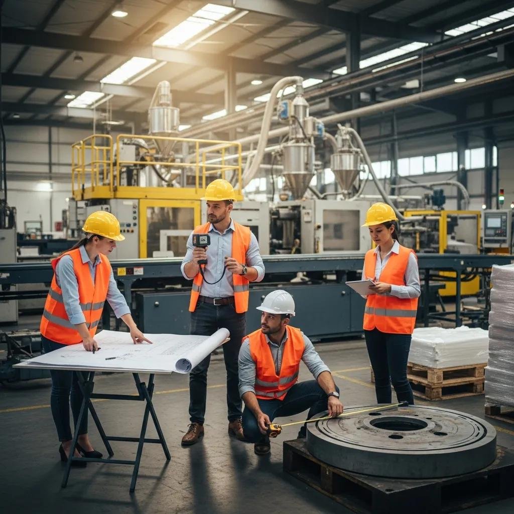 Team conducting site assessment for plastic machine installation