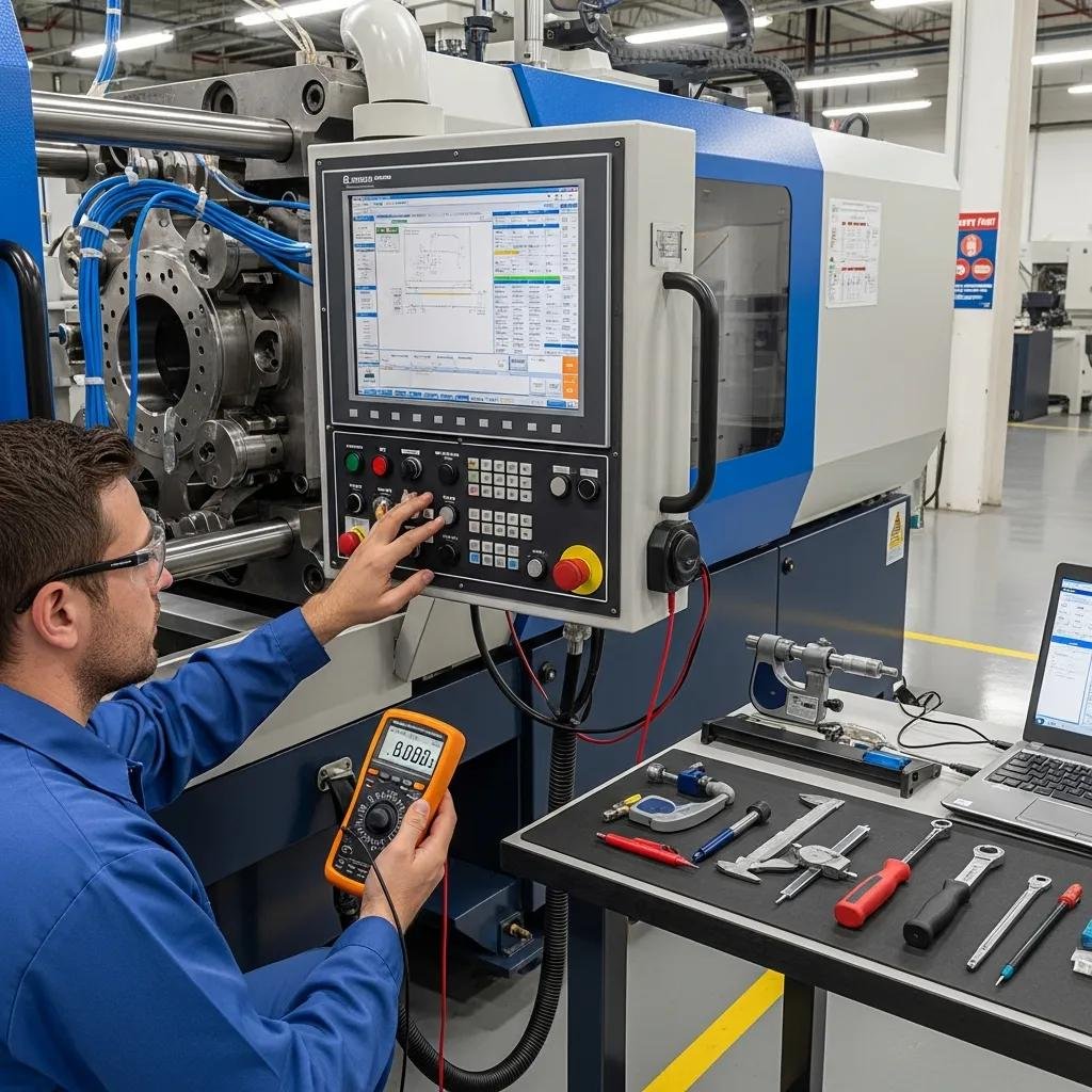 Technician calibrating plastic production machine for optimal performance