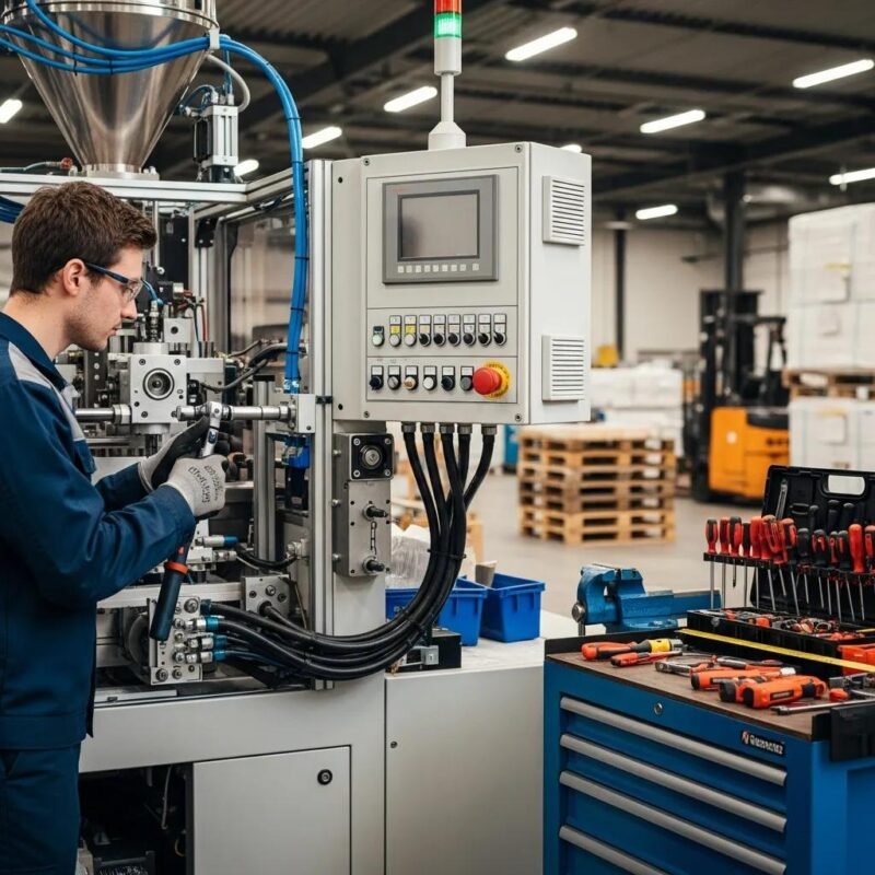 Technician installing plastic production machine in factory