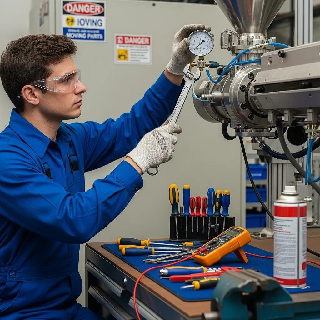 Technician performing daily maintenance checks on a blown film extrusion machine, using tools and gauges to ensure optimal performance and efficiency.
