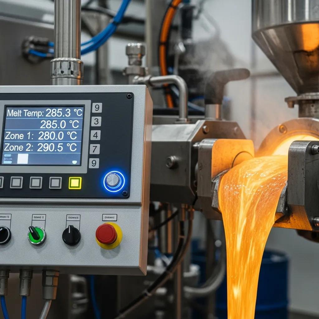 Temperature control panel and molten plastic stream in film production