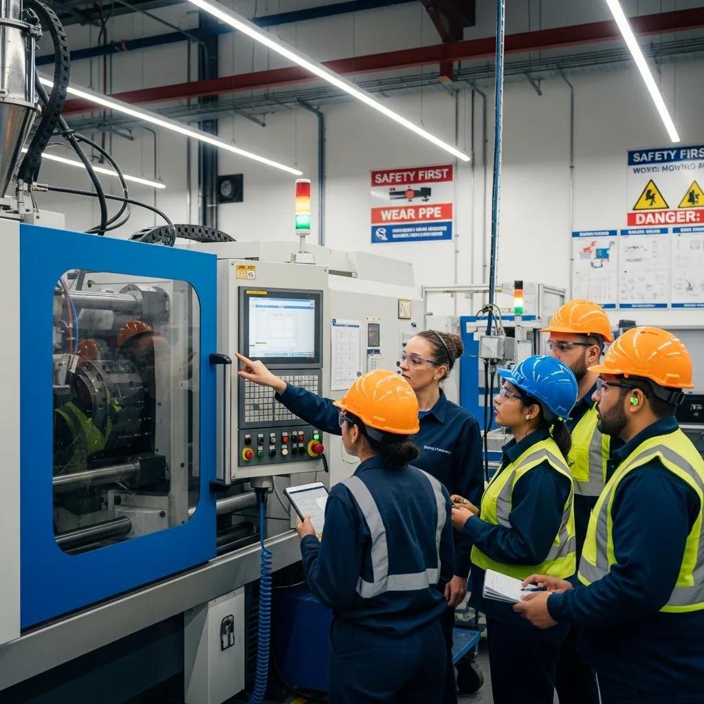 Trainer demonstrating safe operation of plastic machinery to operators in a factory environment