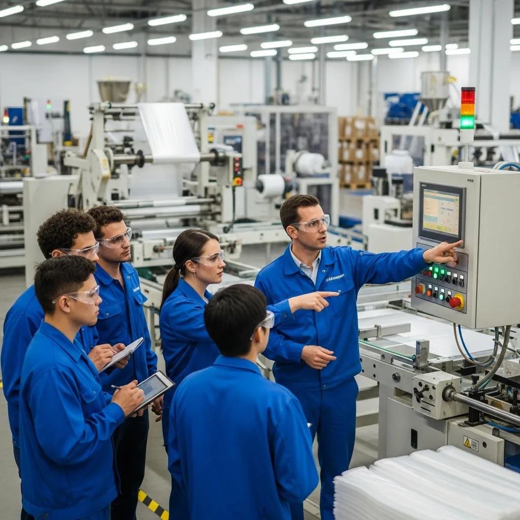 Training session for operators in a plastic bag production plant with an instructor and trainees