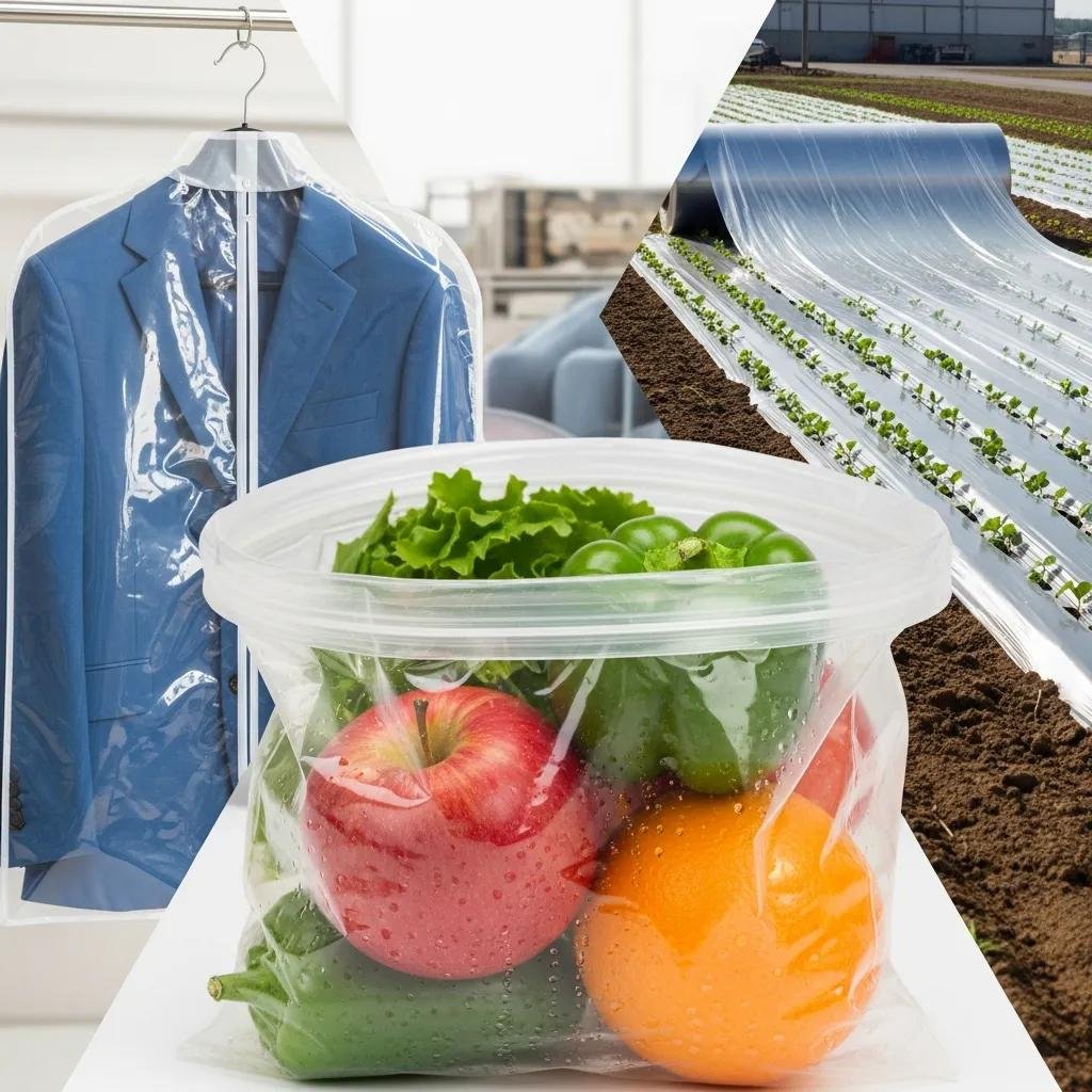 Various applications of polypropylene blown film, featuring food packaging with fresh produce, garment bags, and agricultural films, highlighting versatility in industrial uses.