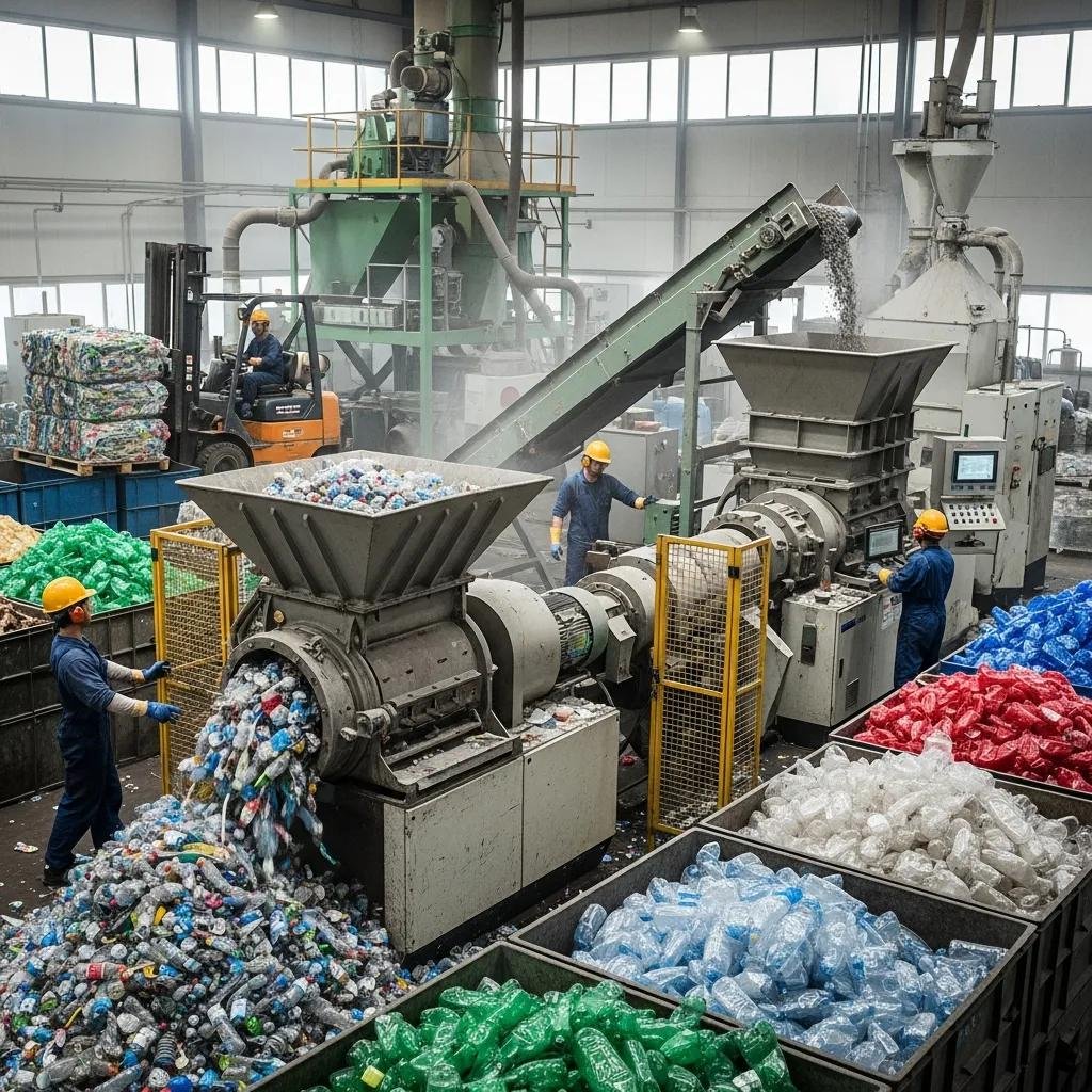 Various plastic recycling machines in operation, showcasing the recycling process