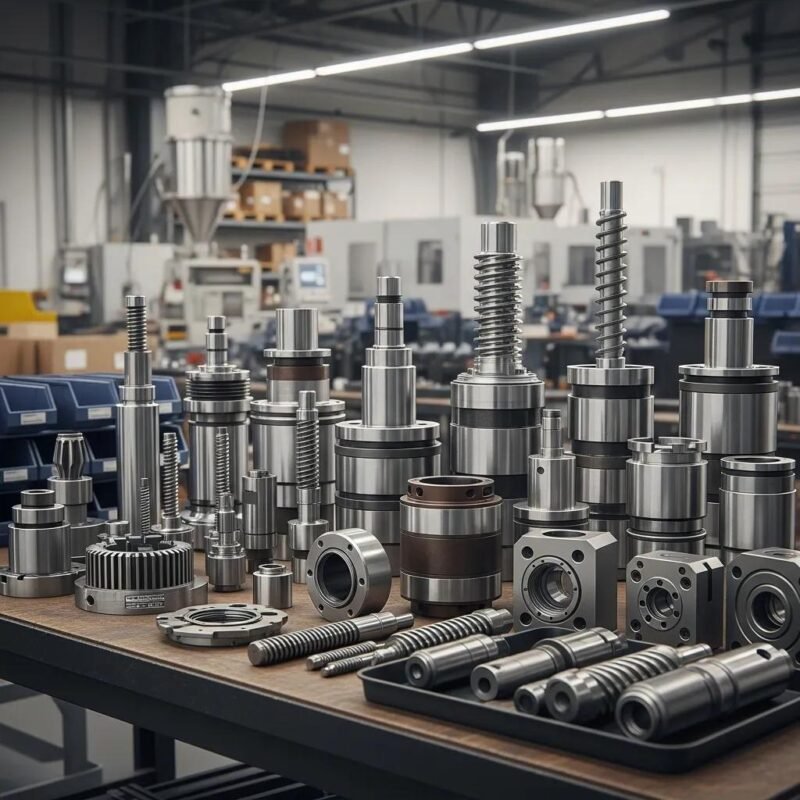 Various spare parts for plastic machinery including screws, barrels, and die heads in an industrial setting