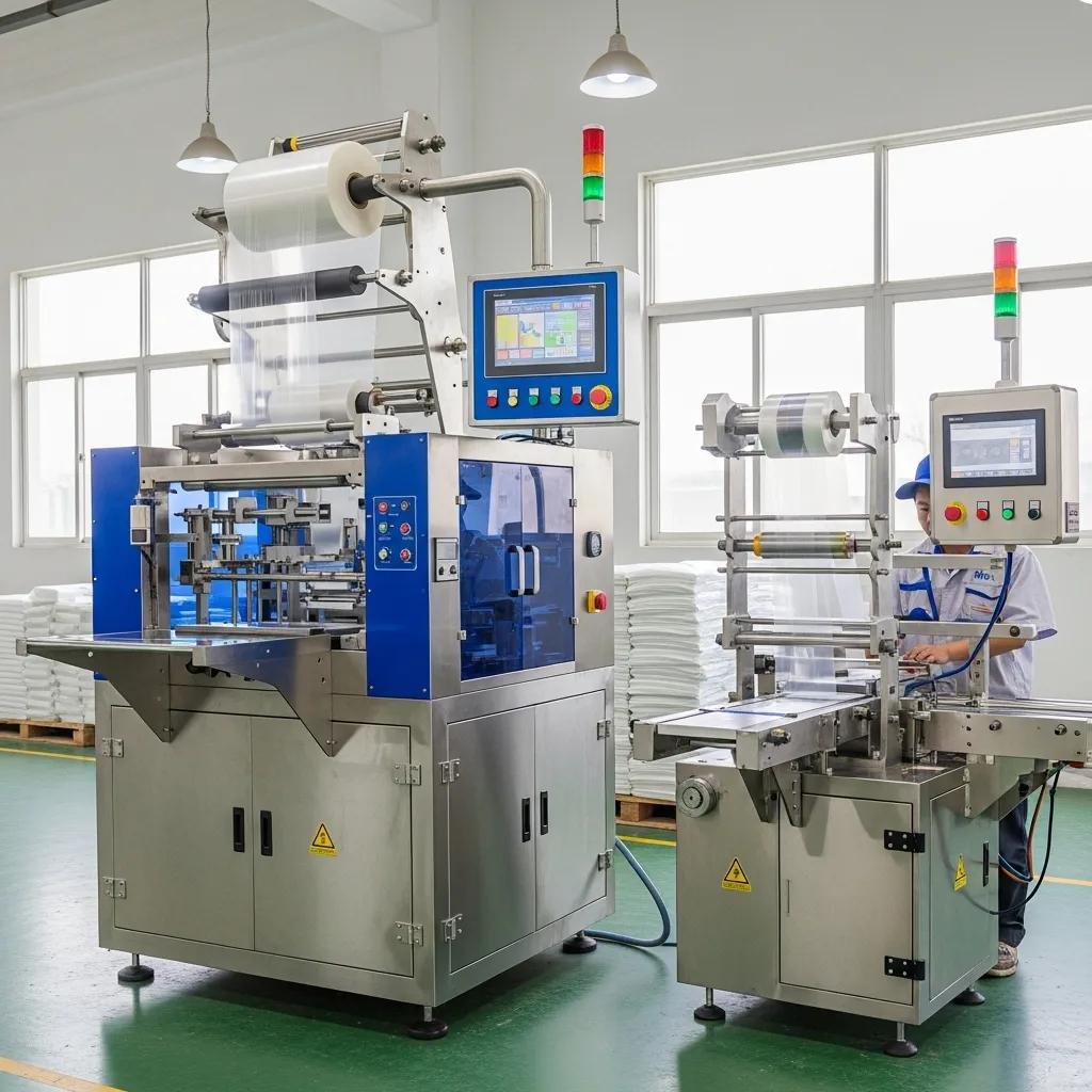 Various types of side seal bag machines in a factory setting, showcasing automatic and semi-automatic models